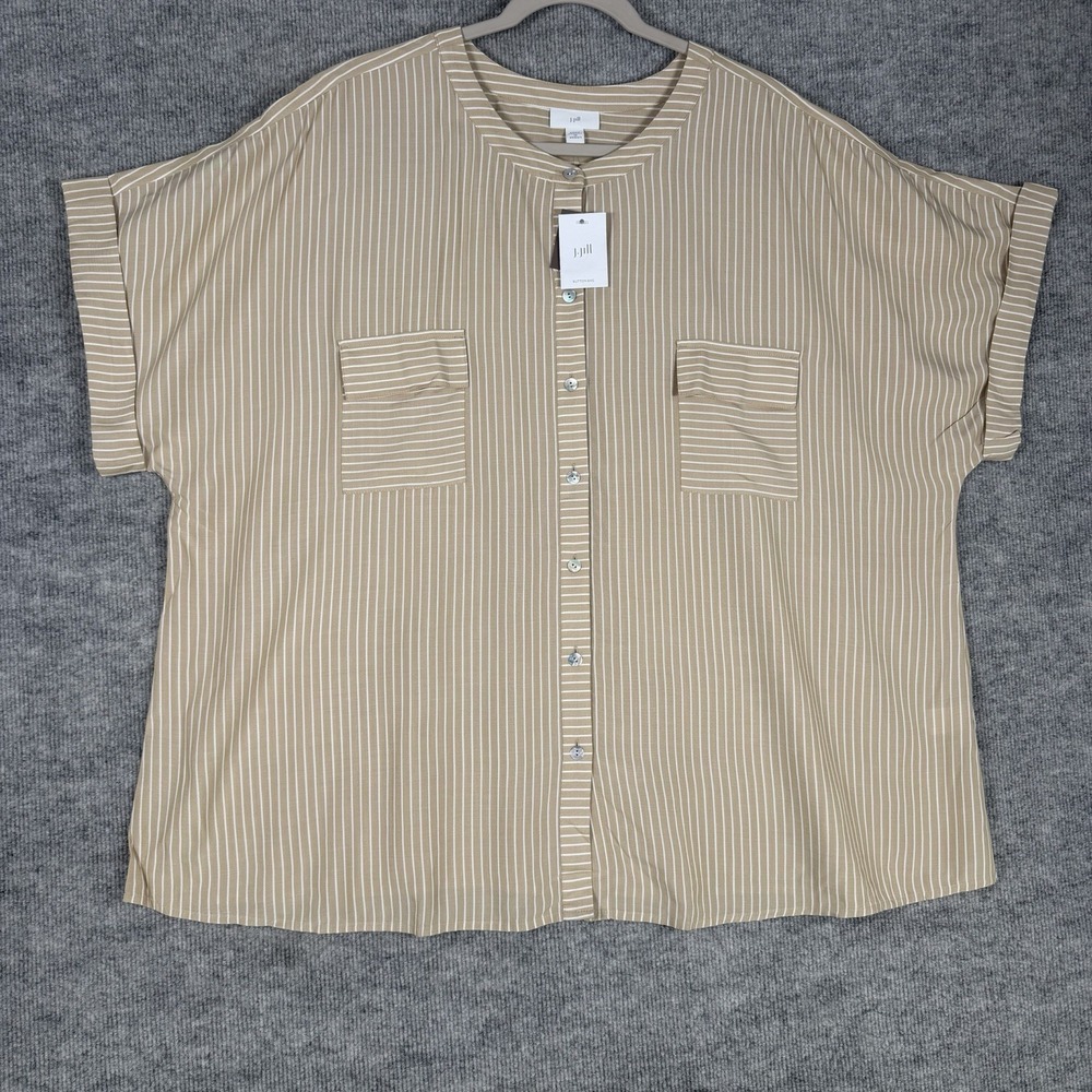 J.Jill Size-3X Women's Shirt 100% Rayon Button Front Tan Stripe Short Sleeve